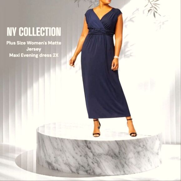 NY COLLECTION Plus Size Ruched Sleeveless Empire Navy Blue Maxi Dress 2X - Picture 1 of 12